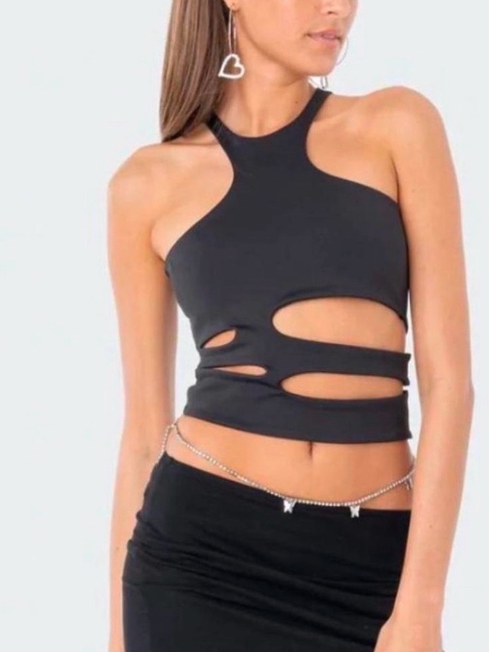 Edikted Black Asymmetric Cutout Halter Crop Top